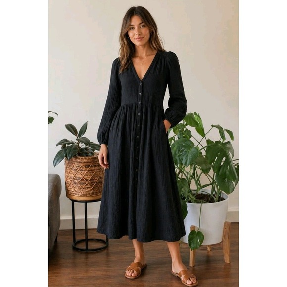 XiRENA Dresses & Skirts - XIRENA Black Cotton GAUZE Button Front‎ MIDI Maxi Dress BOHO EMPIRE WAIST Medium